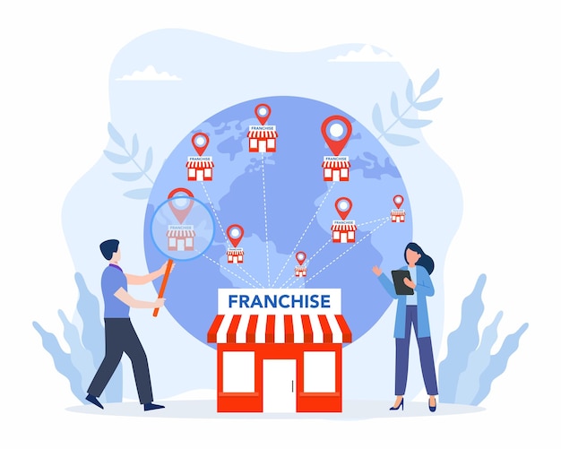 Vector gente de compras y inicio de franquicias pequeñas empresas en todo el mundo negocios de franquicia