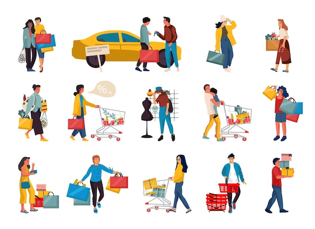 Gente de compras de moda Hombres y mujeres de dibujos animados haciendo compras en la tienda Personajes felices cargando bolsas y empujando carros Clientes comprando ropa comida o regalos Adictos a las compras de vectores