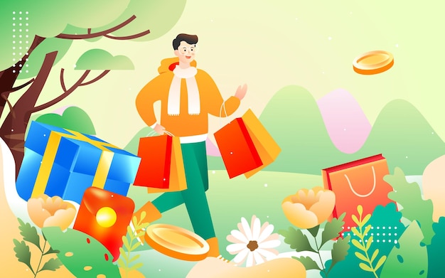 Gente de compras en primavera con flores y árboles en el fondo, ilustración vectorial