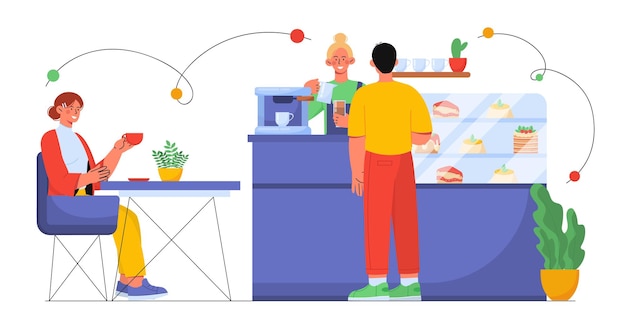 La gente en el concepto de café hombres y mujeres en el servicio de catering y restaurantes clientes compran panadería y