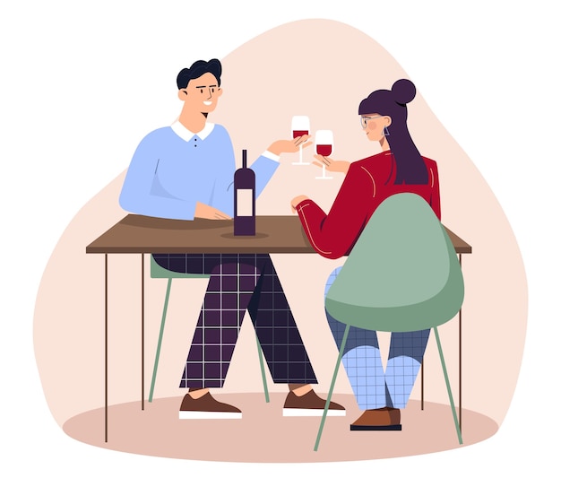 Gente en el concepto de cena romántica Hombre y mujer sentados a la mesa y hablando Amor y romance Cuidado y apoyo Chica joven y chico con botella de vino Ilustración de vector plano de dibujos animados