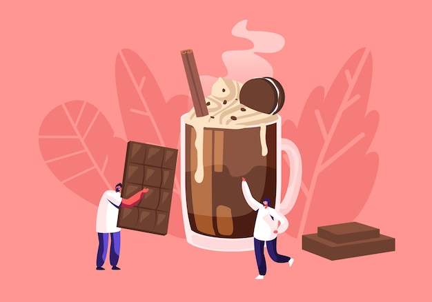 La gente y el concepto de chocolate con un pequeño personaje masculino llevan una enorme barra de chocolate, ilustración plana de dibujos animados