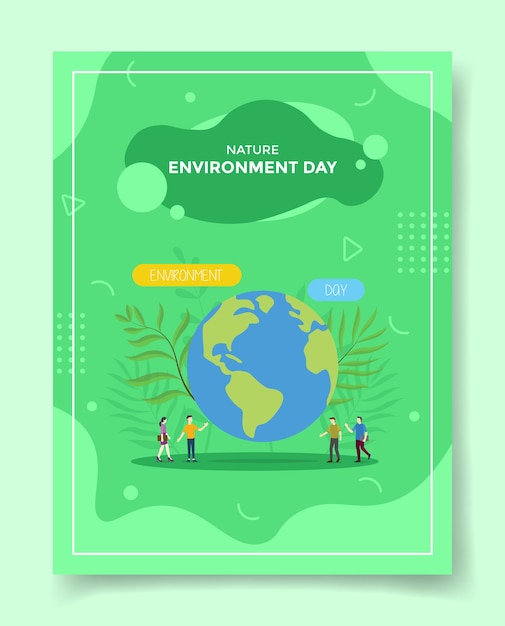 Gente del concepto del día del medio ambiente de la naturaleza alrededor de la planta de la hoja de la tierra para la plantilla