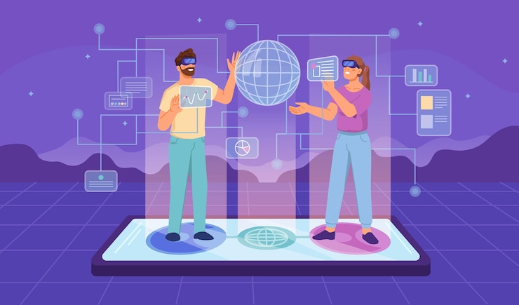 Vector gente de concepto móvil metaverso en gafas vr