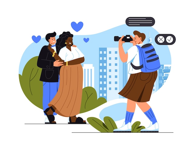 Gente en el concepto vectorial de la sesión de fotos al aire libre