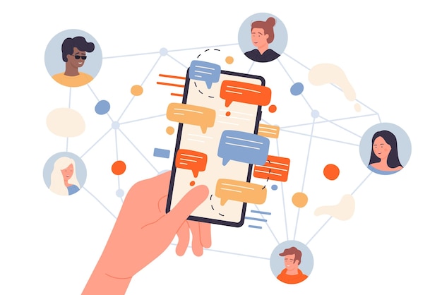 La gente se conecta a la red global para la comunicación en línea con amigos chat de redes sociales