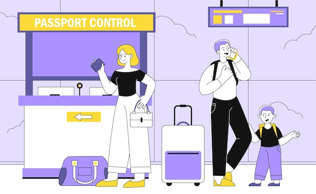 Vector la gente en el control de pasaportes concibe a un hombre y una mujer con un niño y equipaje de expatriados y turistas en el aeropuerto