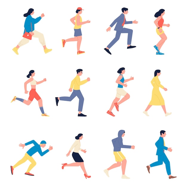 Gente corriendo al aire libre jogging entrenamiento deporte entrenamiento Persona correr al trabajo hombre mujer en ropa casual prisa Maratón de estilo de vida saludable y atletismo reciente conjunto de vectores