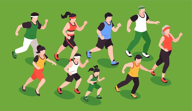Gente corriendo concepto con fitness jogging símbolos ilustración isométrica
