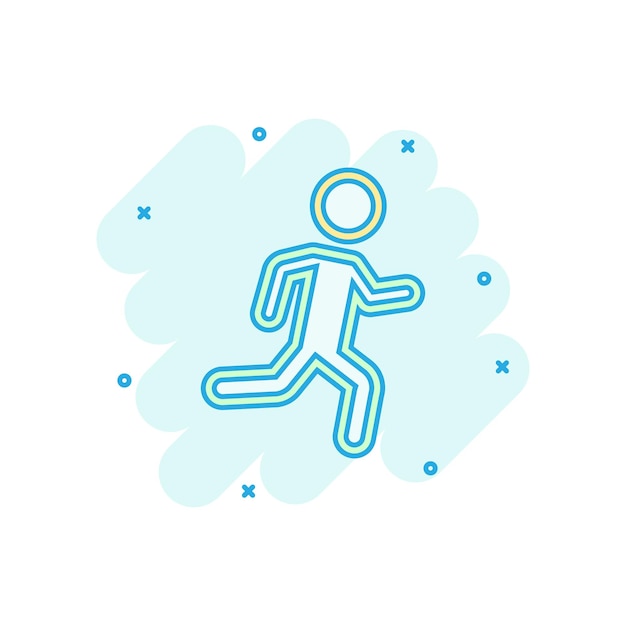 La gente corriendo firma icono en estilo cómico Ejecutar silueta vector ilustración de dibujos animados sobre fondo blanco aislado Efecto de salpicadura de concepto de negocio de jogging de movimiento