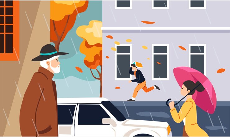 Vector gente corriendo bajo la lluvia clima de la temporada de otoño