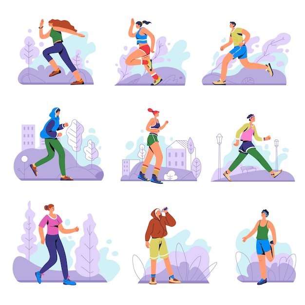 Gente corriendo y trotando ejercicios cardiovasculares deportivos.