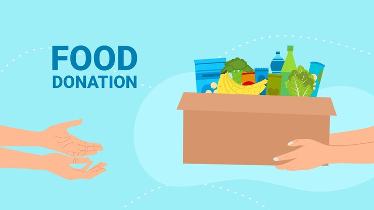 Vector gente dando una caja de donación con comida para la caridad y la solidaridad