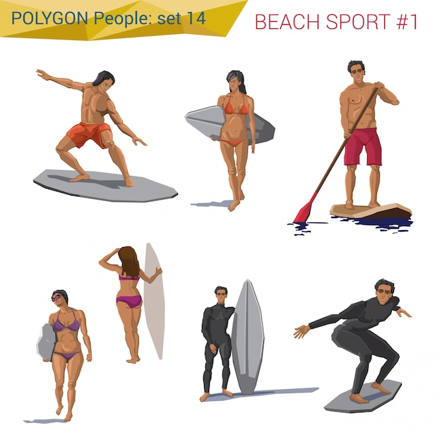 La gente de deportes acuáticos de playa de estilo poligonal establece ilustraciones.
