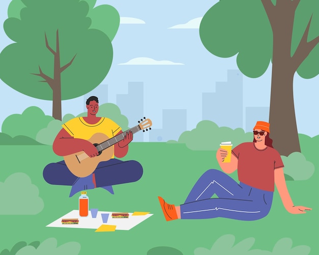La gente descansa en el parque Vacaciones de verano y picnic Ilustración de vector plano