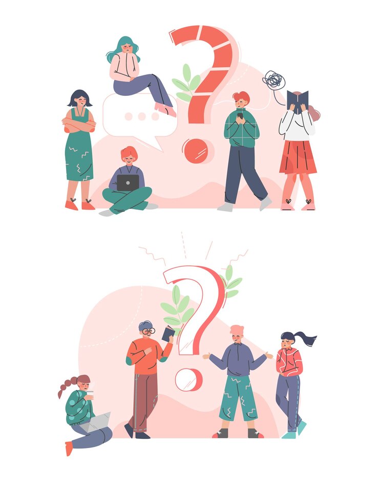 Vector gente desconcertada personaje haciendo preguntas y buscando respuestas en torno a la interrogación marca vector conjunto de ilustraciones