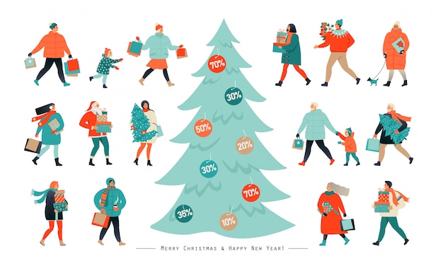 La gente va después de las compras, arrancando cupones de descuento de un árbol de Navidad.