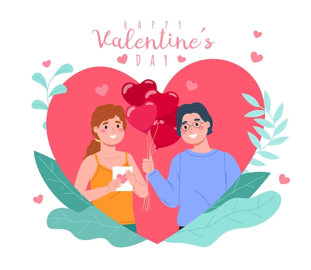 Gente del día de San Valentín Chico joven le da a la chica un montón de globos de corazón Pareja enamorada Celebración festiva de febrero Amigos con regalos Citas románticas Maqueta de tarjeta de felicitación Concepto vectorial