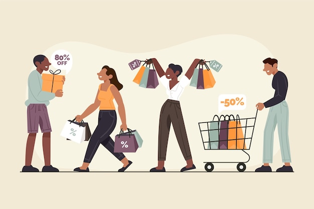 Gente dibujada de compras a la venta