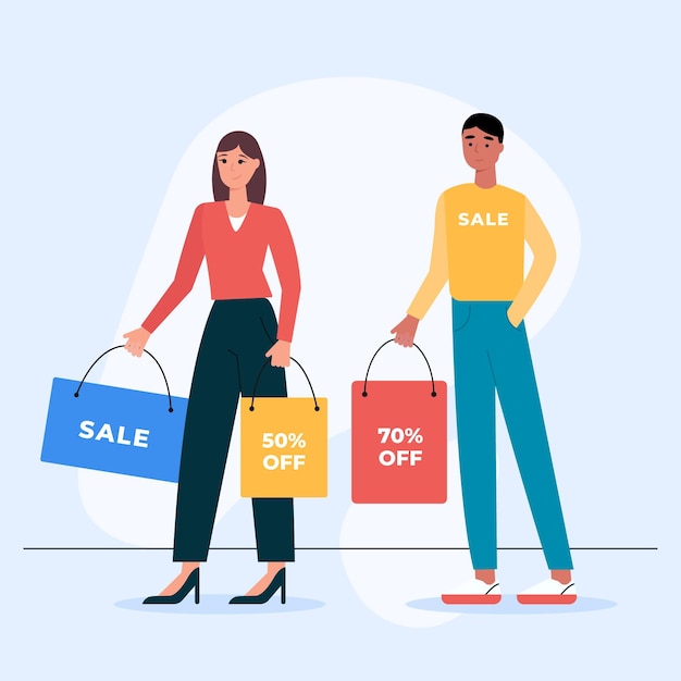 Gente dibujada a mano plana comprando en venta ilustración