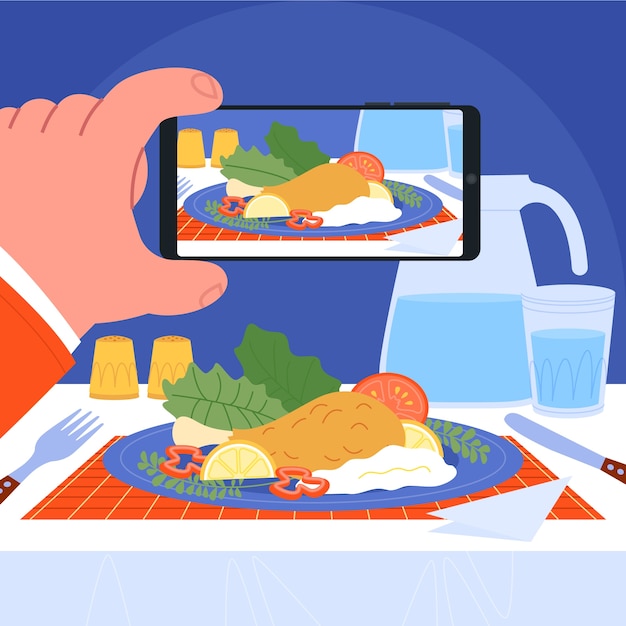 Vector gente dibujada a mano tomando fotos de ilustración de comida