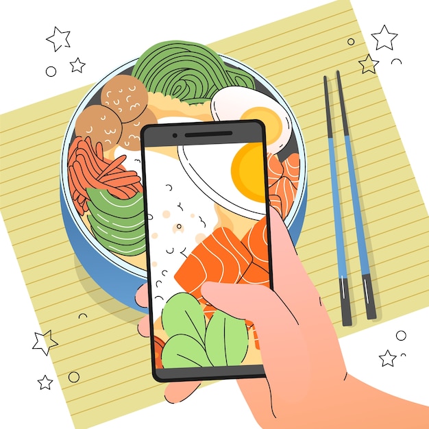 Vector gente dibujada a mano tomando fotos de ilustración de comida