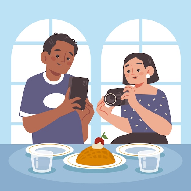 Vector gente dibujada a mano tomando fotos de ilustración de comida