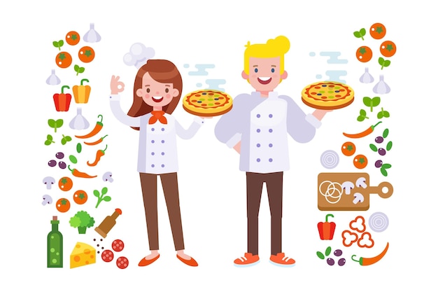 Gente de dibujos animados de chef. Ilustración de vector plano de chef de hombre y mujer