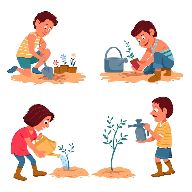Vector gente de dibujos animados cuidando plantas