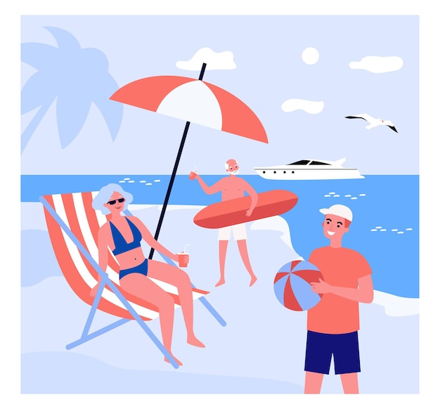 Gente de dibujos animados disfrutando de sus vacaciones en el balneario.