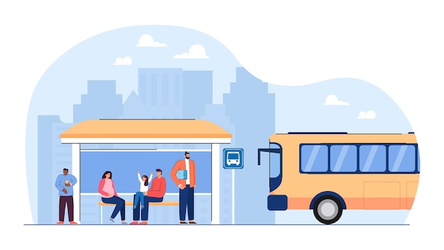 Gente de dibujos animados esperando el transporte público en la parada de autobús. pasajeros antes de entrar en la ilustración vectorial plana del vehículo. concepto de transporte para banner, diseño de sitio web o página web de destino