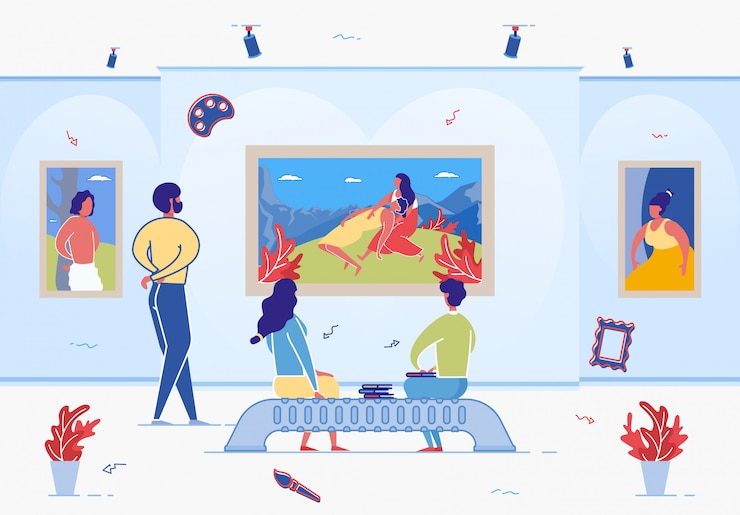 Vector gente de dibujos animados en el museo de la galería de arte disfruta de la obra de arte