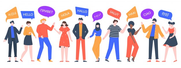 Vector la gente dice hola. grupo de hombres y mujeres multiétnicos hablando, personajes multiculturales saludan. unidad de los humanos asiáticos, africanos y europeos ilustración