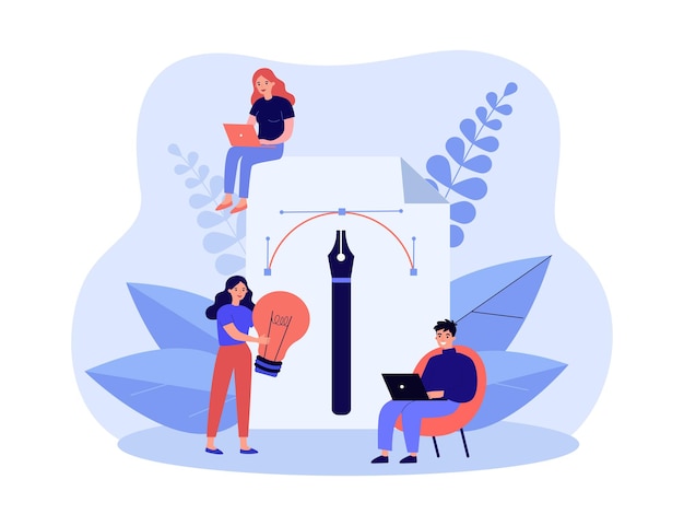 Gente diminuta dibujando con lápiz en editor gráfico. Personas que utilizan la herramienta de diseñadores para el trabajo y la creación de ilustración vectorial plana. Concepto de contenido de arte digital para banner, diseño de sitios web o página web de destino.