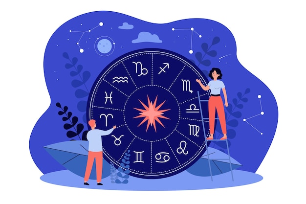 Vector gente diminuta emitiendo horóscopo, estudiando signos del zodíaco o calendario antiguo, creando carta natal contra estrellas y constelaciones en el cielo nocturno