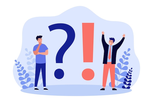 Gente diminuta de pie cerca de signos de interrogación y exclamación. Personas que resuelven problemas, pensando en la ilustración de vector plano de información. Concepto de preguntas frecuentes para banner, diseño de sitios web o página web de destino