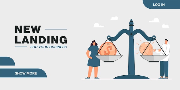 Gente diminuta de pie junto a balanzas con monedas y bombillas. Equilibrio entre proyectos creativos y financiación de ilustraciones vectoriales planas. Negocio, inversión, concepto de estrategia.