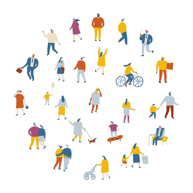 Gente diminuta plana caminando en la colección de vectores de la ciudad Silueta de dibujos animados de hombres y mujeres aislada en blanco