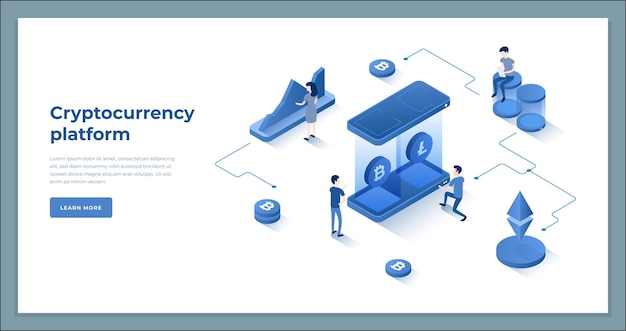 Gente diminuta que trabaja en la plataforma de criptomonedas producción de dinero virtual mercado comercial que analiza la página de inicio isométrica ilustración vectorial Bitcoin minería ciberespacio moneda moneda produce aislado