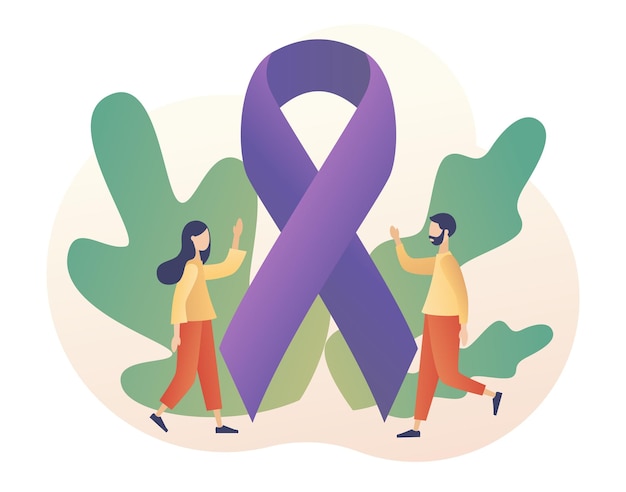 Gente diminuta y signo de detener la violencia Cinta morada como símbolo violencia doméstica Día internacional