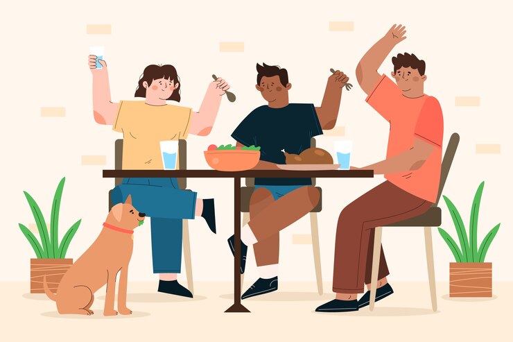 Vector gente de diseño plano comiendo juntos ilustración