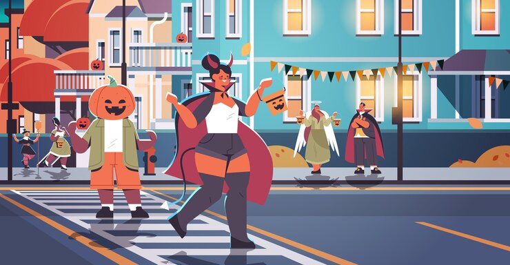 Vector gente en disfraces caminando en la ciudad truco o trato feliz celebración de halloween concepto tarjeta de felicitación horizontal de longitud completa ilustración vectorial