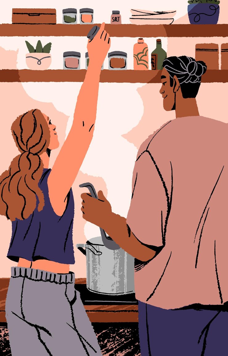 Vector la gente disfruta pasar tiempo en casa amantes preparando comida en la cocina pareja cocinando el fin de semana en una acogedora postal casera hombre y mujer en relación descanso relajarse juntos ilustración de vector plano