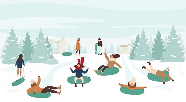 La gente disfruta de trineo de invierno juego saludable trineo cuesta abajo