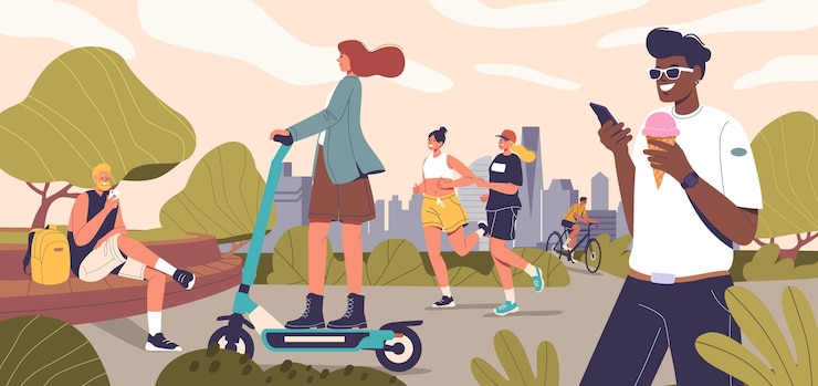 Vector gente disfrutando de actividades de ocio en un parque de la ciudad personajes corriendo montando scooters en bicicleta