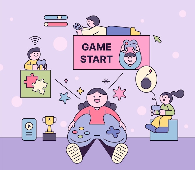 Gente disfrutando de juegos con controladores de juegos de consola Composición linda concepto de cartel de banner Cuttiny