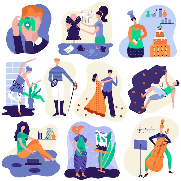 Gente disfrutando de pasatiempos, ilustración de personajes de dibujos animados