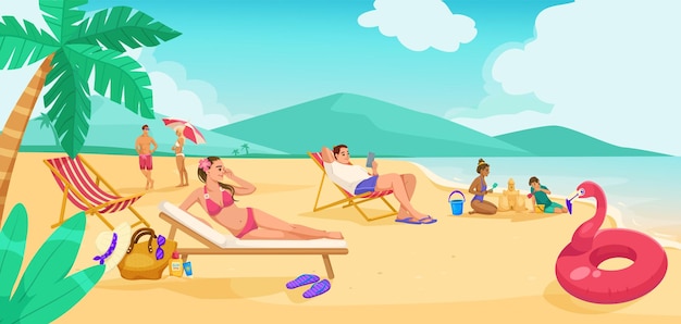 Gente disfrutando de una playa soleada con colinas en el fondo Ilustración vectorial