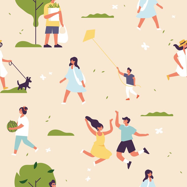 gente disfrutando y relajándose su tiempo al aire libre en el parque. Recreación de la temporada de verano de patrones sin fisuras.