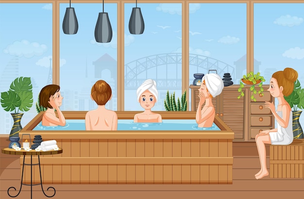 Vector gente disfrutando del spa con bañera de hidromasaje